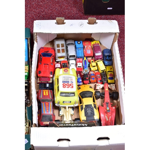 99 - A QUANTITY OF UNBOXED AND ASSORTED PLAYWORN DIECAST AND PLASTIC VEHICLES, to include Matchbox Major ... 