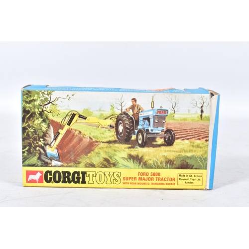 143 - A BOXED CORGI TOYS FORD 5000 SUPER MAJOR TRACTOR WITH TRENCHING BUCKET, No.72, one hose has split, m... 