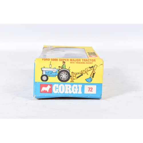 143 - A BOXED CORGI TOYS FORD 5000 SUPER MAJOR TRACTOR WITH TRENCHING BUCKET, No.72, one hose has split, m... 