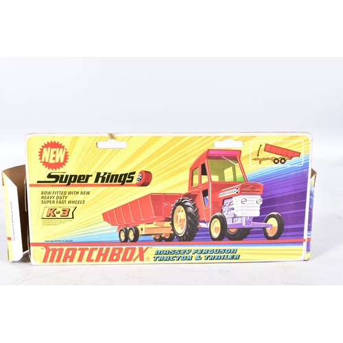 146 - THREE BOXED MATCHBOX KING SIZE AND SUPERKINGS MODELS, Super Kings Massey Ferguson Tractor & Trailer,... 