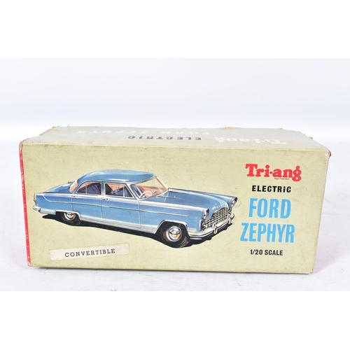 158 - A BOXED TRI-ANG PLASTIC BATTERY OPERATED FORD ZEPHYR, not tested, 1/20 scale, grey body with cream i... 