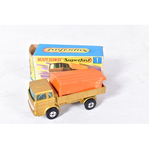 234 - FOUR BOXED MATCHBOX 1-75 SERIES SUPERFAST MODELS, Mercedes Truck, No.1, version in gold but tilt can... 