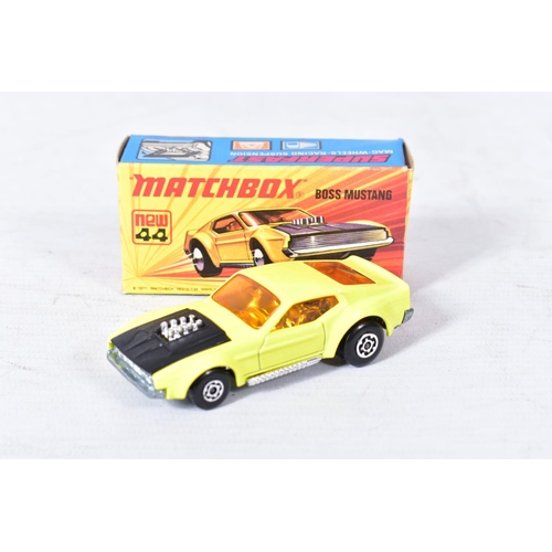 235 - FOUR BOXED MATCHBOX 1-75 SERIES SUPERFAST MODELS, Boss Mustang, No.44, yellow body, Mercedes Unimog,... 