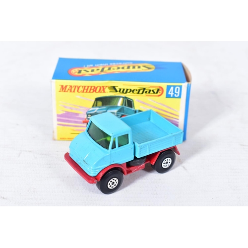 235 - FOUR BOXED MATCHBOX 1-75 SERIES SUPERFAST MODELS, Boss Mustang, No.44, yellow body, Mercedes Unimog,... 