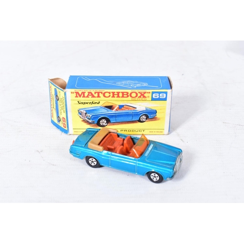 235 - FOUR BOXED MATCHBOX 1-75 SERIES SUPERFAST MODELS, Boss Mustang, No.44, yellow body, Mercedes Unimog,... 