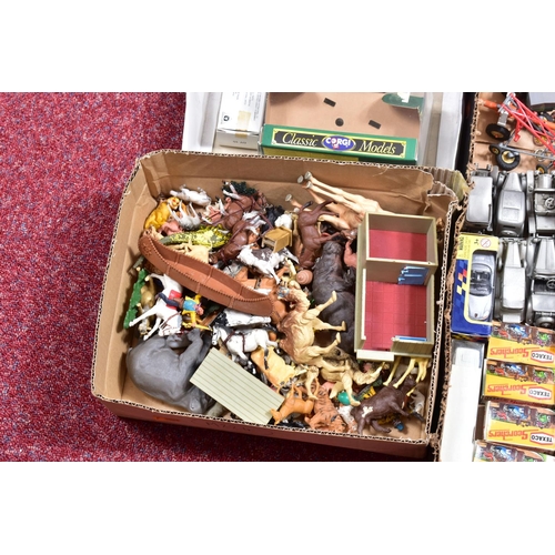 240 - A QUANTITY OF BOXED AND UNBOXED ASSORTED DIECAST AND PLASTIC VEHICLES, boxed items include Corgi Cla... 