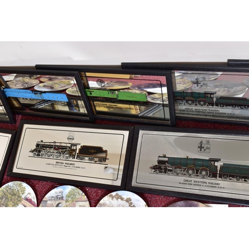 322 - A COLLECTION OF STEAM LOCOMOTIVE PICTURE MIRRORS, all of famous locomotives of the Big 4 or British ... 