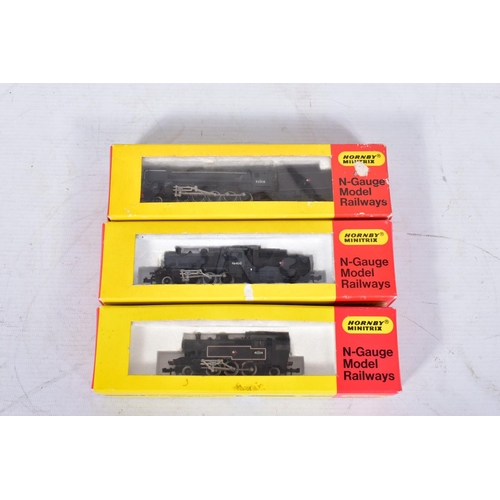 376 - THREE BOXED HORNBY MINITRIX N GAUGE LOCOMOTIVES, class 2MT Tank No.41234, B.R. lined black livery (2... 