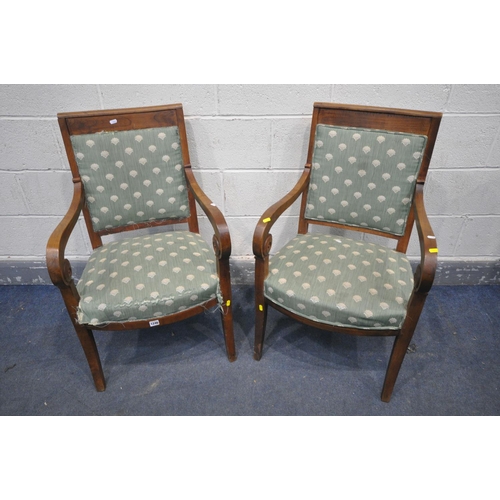 1193 - A PAIR OF FRUITWOOD FRENCH OPEN ARMCHAIRS, with scrolled armrests (condition:-ideal for restoration ... 