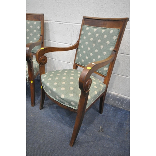 1193 - A PAIR OF FRUITWOOD FRENCH OPEN ARMCHAIRS, with scrolled armrests (condition:-ideal for restoration ... 