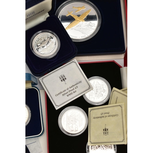 209 - A BOX OF MAINLY MODERN SILVER, SILVER PROOF AND OTHER COINAGE, to include a twelve coin sterling sil... 