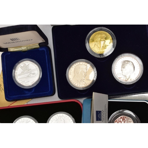 209 - A BOX OF MAINLY MODERN SILVER, SILVER PROOF AND OTHER COINAGE, to include a twelve coin sterling sil... 