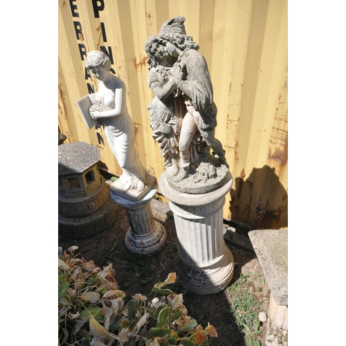 1024 - A WEATHERED COMPOSITE CLASSICAL GARDEN FIGURE, of a Romeo and Juliet, on a separate column, height 1... 