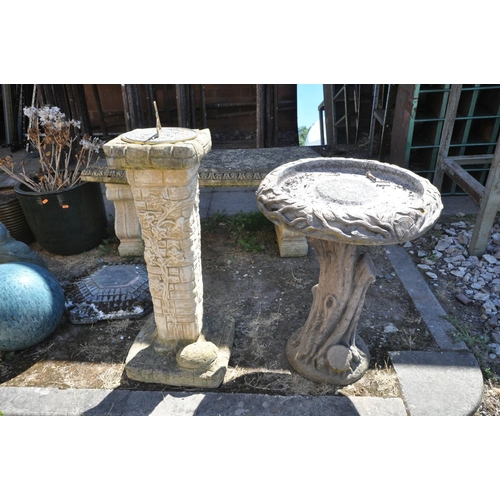 1027 - A COMPOSITE BRICK EFFECT SUN DIAL, 23cm squared x height 73cm, and a composite circular bird bath, o... 