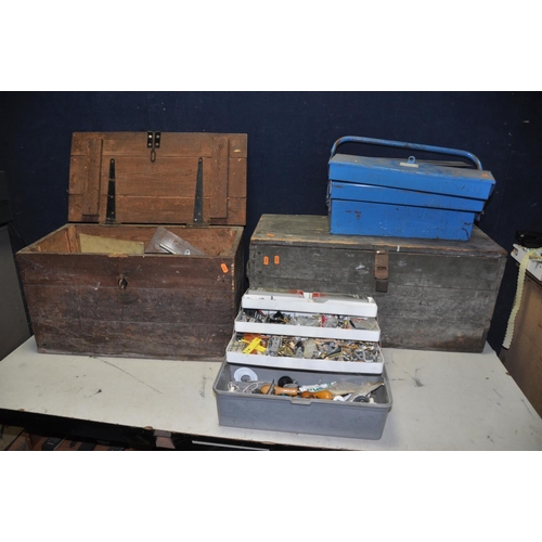 1054 - TWO WOODEN CHESTS AND TWO TOOLBOXES containing vintage and modern tools one wooden chest containing ... 