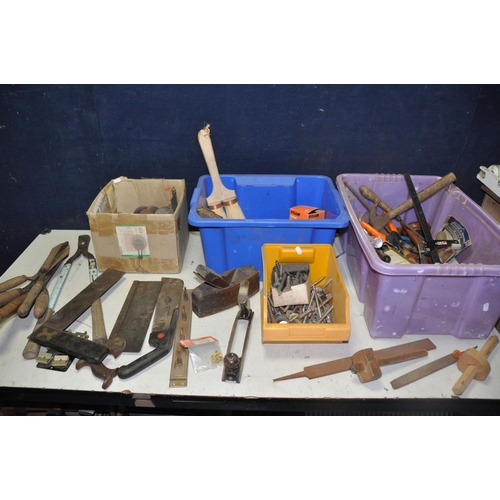 1102 - THREE TUBS OF VINTAGE TOOLS to include garden sheers, coffin plane, T-square, files, chisels, hammer... 