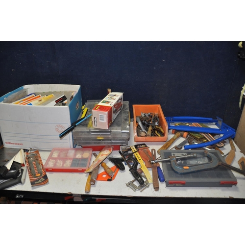 1112 - A COLLECTION OF TOOLS AND MICELLANEOUS to include three organisers/cases, a box of spare band saw bl... 