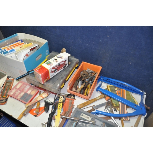 1112 - A COLLECTION OF TOOLS AND MICELLANEOUS to include three organisers/cases, a box of spare band saw bl... 