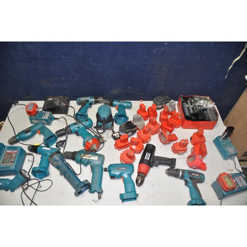 1113 - A LARGE COLLECTION OF DRILLS BATTERIES AND CHARGERS to include Makita, Atlas Copco (all UNTESTED)