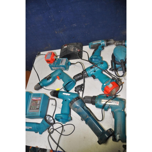 1113 - A LARGE COLLECTION OF DRILLS BATTERIES AND CHARGERS to include Makita, Atlas Copco (all UNTESTED)