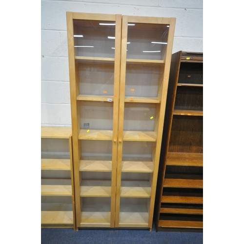 1206 - A MODERN BEECH GLAZED TWO DOOR BOOKCASE, enclosing five shelves, width 80cm x depth 31cm x height 20... 