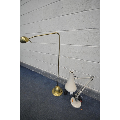 1213 - AN ANGLE POISE CREAM DESK LAMP, and a brass angled floor lamp (2)