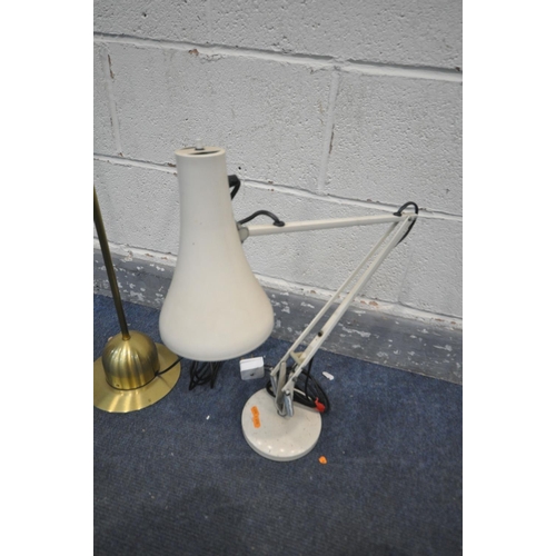 1213 - AN ANGLE POISE CREAM DESK LAMP, and a brass angled floor lamp (2)