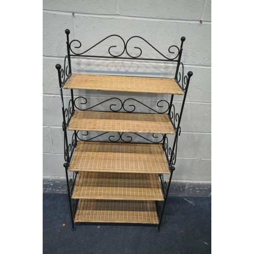 1220 - A WROUGHT IRON BAKERS RACK, with five wicker shelves, width 62cm x depth 32cm x height 122cm (good c... 