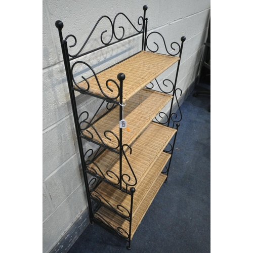 1220 - A WROUGHT IRON BAKERS RACK, with five wicker shelves, width 62cm x depth 32cm x height 122cm (good c... 