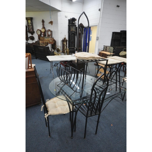 1221 - A SELECTION OF WROUGHT IRON FURNITURE, to include a circular glass top dining table, diameter 100cm ... 