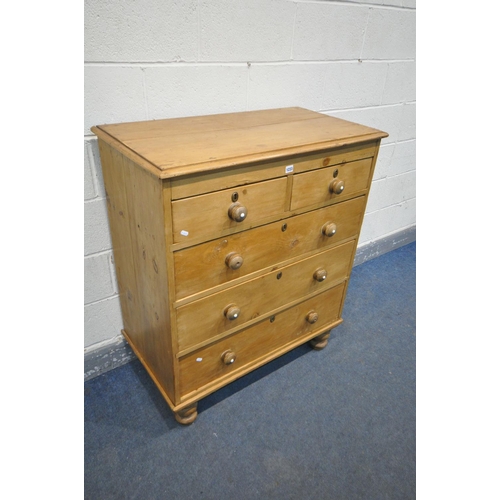 1233 - A 19TH CENTURY PINE CHEST OF TWO SHORT OVER THREE LONG GRADUATED DRAWERS, width 95cm x depth 52cm x ... 