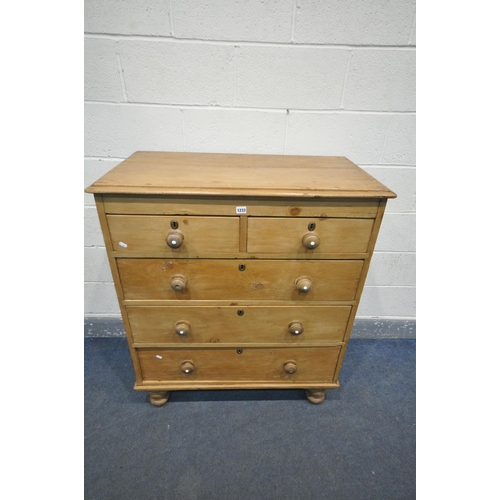 1233 - A 19TH CENTURY PINE CHEST OF TWO SHORT OVER THREE LONG GRADUATED DRAWERS, width 95cm x depth 52cm x ... 