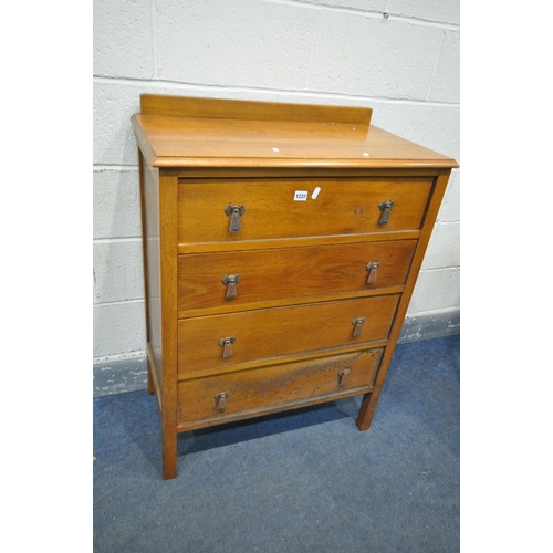 1237 - A SOLID OAK CHEST OF FOUR LONG DRAWERS, width 77cm x depth 43cm x height 105cm (condition - damp sta... 