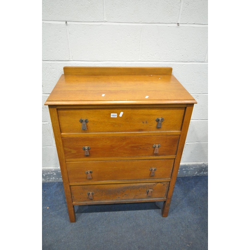 1237 - A SOLID OAK CHEST OF FOUR LONG DRAWERS, width 77cm x depth 43cm x height 105cm (condition - damp sta... 