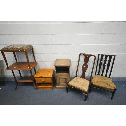 1239 - TWO PINE BEDSIDE CABINETS, along with a walnut occasional table, a needlework dressing stool, and tw... 