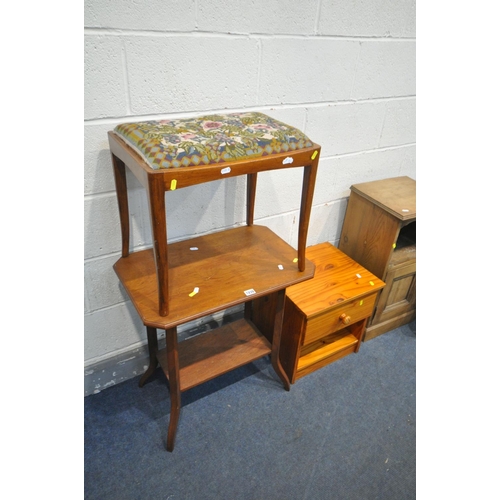 1239 - TWO PINE BEDSIDE CABINETS, along with a walnut occasional table, a needlework dressing stool, and tw... 