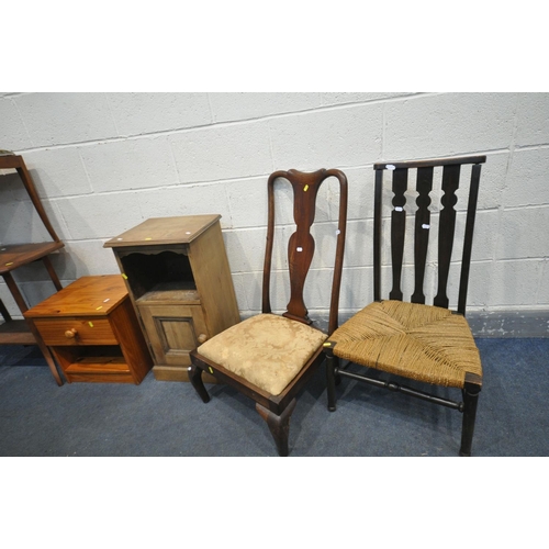 1239 - TWO PINE BEDSIDE CABINETS, along with a walnut occasional table, a needlework dressing stool, and tw... 