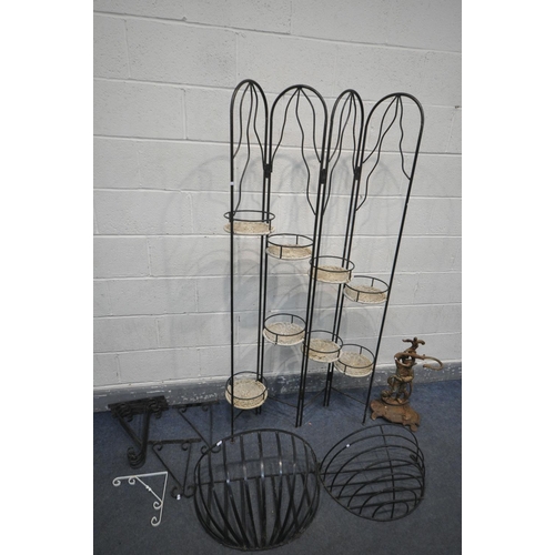 1240 - A WROUGHT IRON FOLDING PLANT STAND, open length 95cm x closed 27cm x height 176cm, seven various wal... 