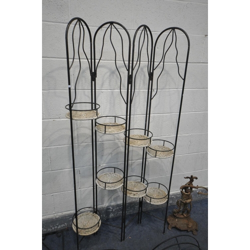 1240 - A WROUGHT IRON FOLDING PLANT STAND, open length 95cm x closed 27cm x height 176cm, seven various wal... 