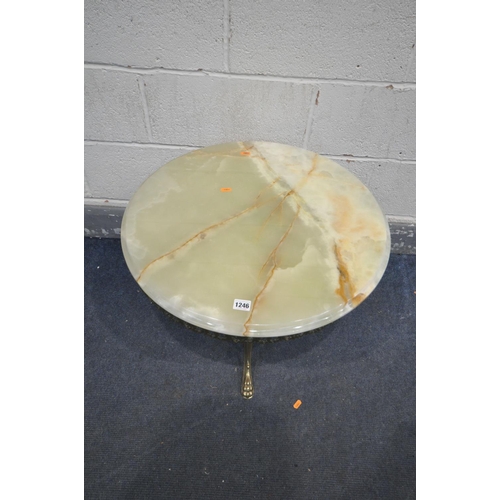 1246 - AN ONYX AND BRASS TRIPOD TABLE, diameter 60cm x height 48cm