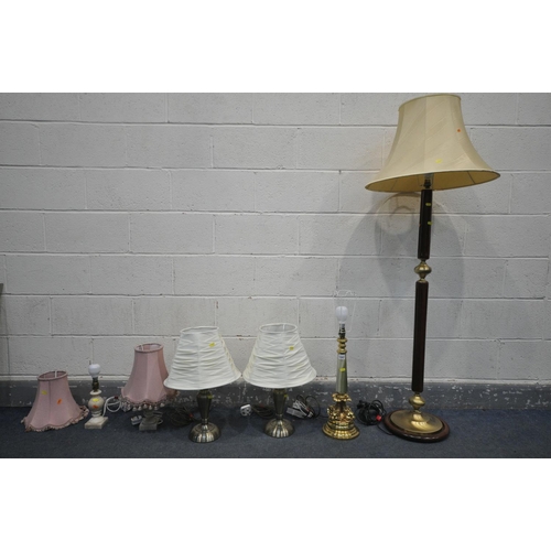 1247 - A BBRASS AND ONYX FRENCH TABLE LAMP, along with two pair of lamps, and a standard lamp, five lamps w... 