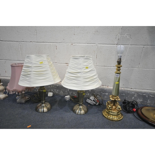 1247 - A BBRASS AND ONYX FRENCH TABLE LAMP, along with two pair of lamps, and a standard lamp, five lamps w... 