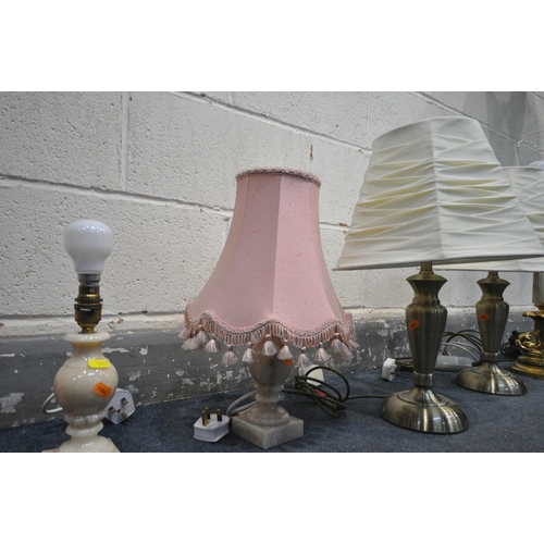 1247 - A BBRASS AND ONYX FRENCH TABLE LAMP, along with two pair of lamps, and a standard lamp, five lamps w... 