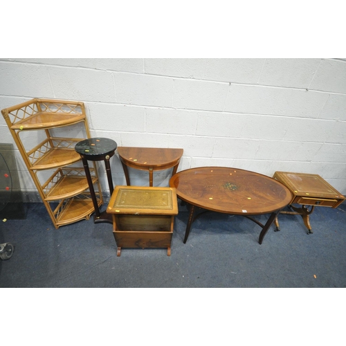 1249 - AN OVAL MAHOGANY AND INLAID COFFEE TABLE, with splayed legs, united by stretchers, length 112cm x de... 