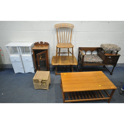 1259 - A SELECTION OF OCCASIONAL FURNITURE, to include an oak telephone seat, with a single door and brushi... 