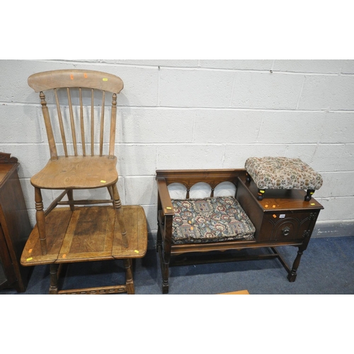 1259 - A SELECTION OF OCCASIONAL FURNITURE, to include an oak telephone seat, with a single door and brushi... 