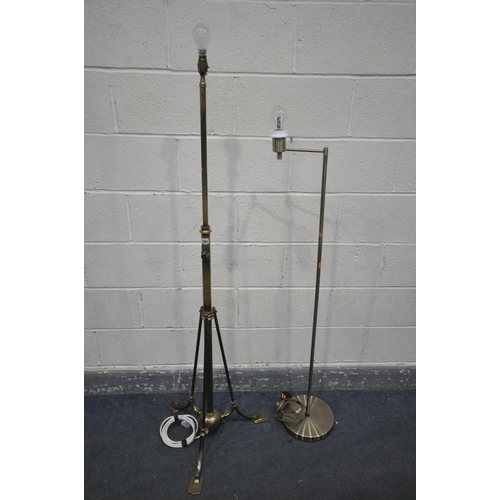 1261 - AN ARTS AND CRAFTS BRASS STANDARD LAMP, with three splayed legs (telescopic function faulty) and ano... 