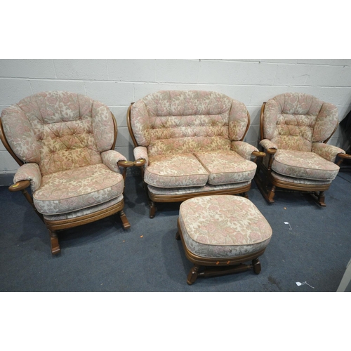 1266 - A BEECH COTTAGE LOUNGE SUITE, with floral loose cushions, comprising a sofa, and a pair of rocking c... 