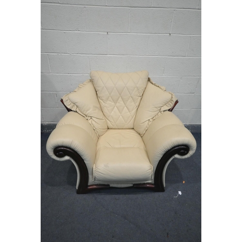 1267 - A CREAM LEATHER THREE PIECE LOUNGE SUITE, comprising a sofa, length 225cm x depth 95cm x height 93cm... 