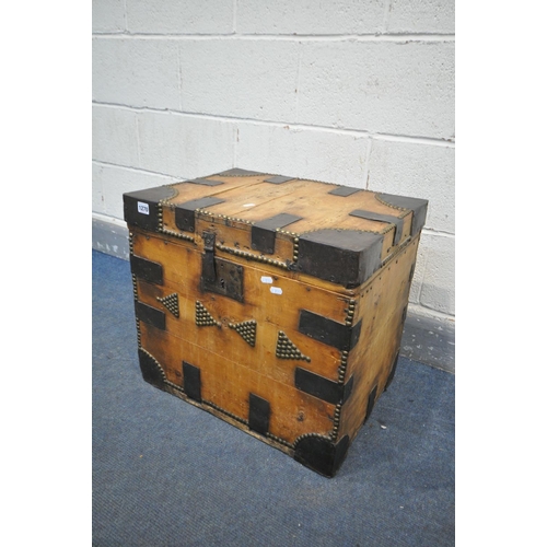 1270 - A 19TH CENTURY OR LATER PINE AND IRON BOUND STORAGE CHEST, width 56cm x depth 42cm x height 50cm (co... 